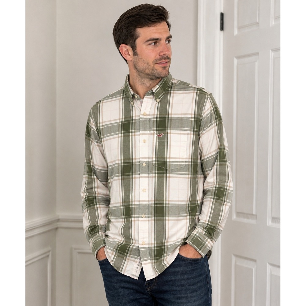 Hollister California Men's Plaid Button Front Shirt Large Cotton Green White